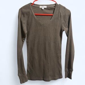Active Basic Brown Green V-Neck Long Sleeve Thermal Top
